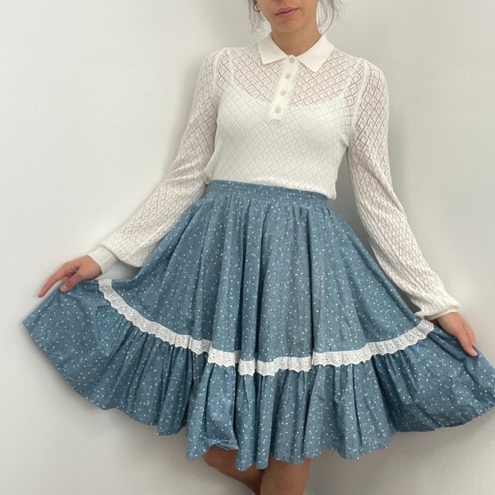 Vintage Jamc Blue Floral Flare Lace Trim Knee Length Prairie Skirt Size XS